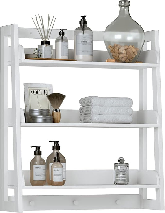 UTEX Bathroom Wall Shelf, Over Toilet Storage Shelf Organizer, 3-Tier Wall Mount Shelf Rack with Hook, White
