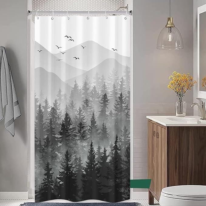 Stall Small Black and White Misty Forest Shower Curtain Ombre Gray Grey Mountain Pine Tree Waterproof Fabric Shower Curtains for Bathroom Nature Woodland Decorative Bath Curtain Decor 36×72 Inches