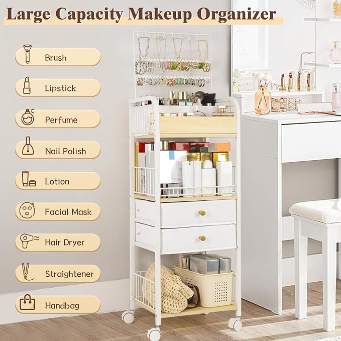 Makeup Cart, Makeup Organizer Cart with Wheels, Rolling Floor Skincare Organizer, Jewelry Organizer for Earring Necklace, Vanity Storage Drawers for Skincare Perfume Nail Polish Brush