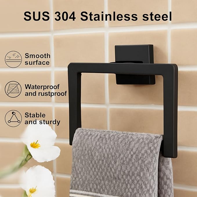 Matte Black Towel Ring - Premium Stainless Steel Bathroom Accessory, Sleek Square Design Hand Towel Holder, Durable Wall-Mounted Towel Hanger for Contemporary Bathroom, 2 Pcs