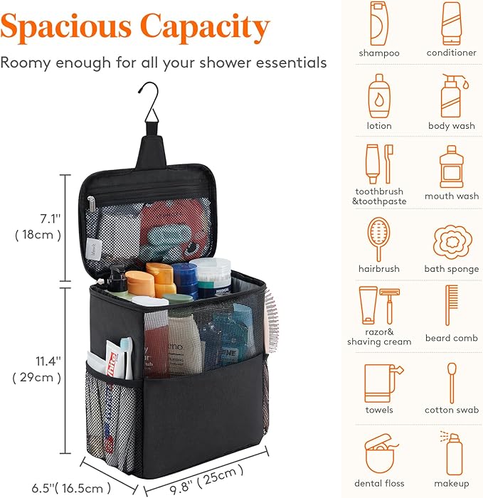 Lifewit Shower Bag Mesh Shower Caddy Portable College Dorm Room Essentials Tote Bag for Bathroom, Gym, Travel, Camping Quick Dry Hanging Shower Organizer Basket Toiletry Bag, Large, Black