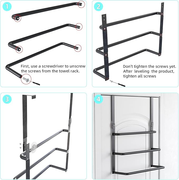 Over The Door Towel Rack, 304 Stainless Steel Towel Rack, 3 Tier Towel Bar for Hanging Towels, 16 Inch Over Door Towel Storage Holder for Bathroom, Matte Black