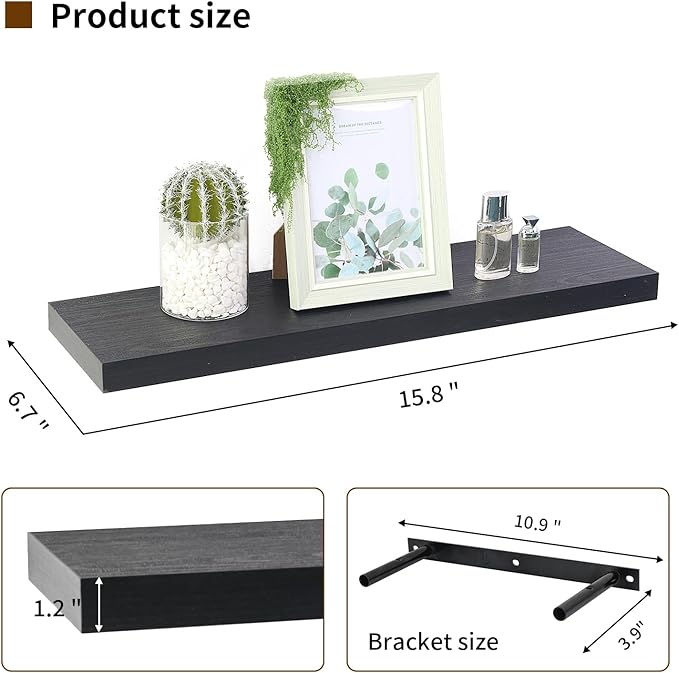 Floating Shelves for Wall, Wall Mounted Rustic Wood Shelves for Bathroom, Bedroom, Living Room, Kitchen, Hanging Shelf for Books/Storage/Room (Black, 23.6")