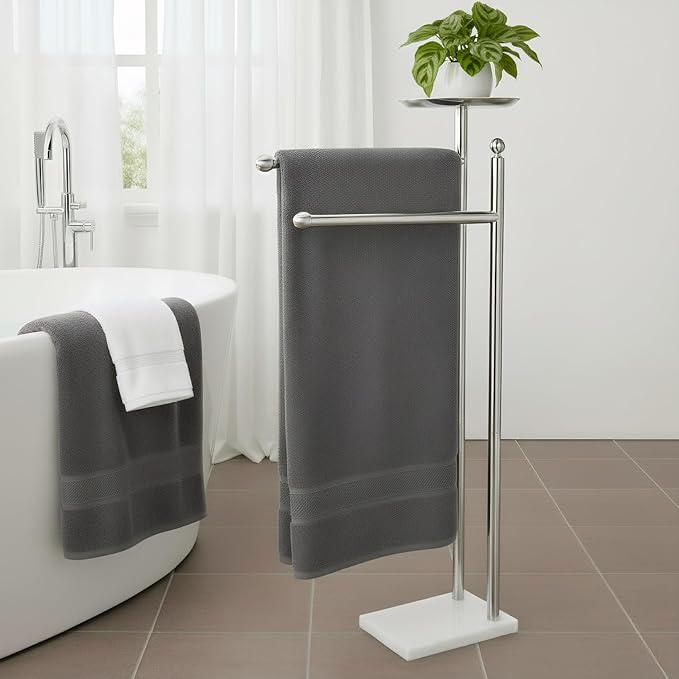 Songtec Bath Towel Rack Stand for Bathroom, 2-Tier Towel Holder Stand for Bath Towels Max to 68” & 60” Long, Practical Shelf on Top for Phone, Shampoo, Body Wash