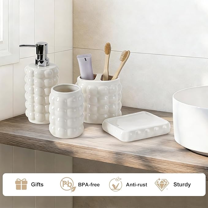 4 Piece Ceramic Bathroom Accessories Set –Soap Dispenser,Toothbrush Holder,Tumbler & Soap Dish,Includes Silicone Funnel,Non-Slip,Modern Farmhouse Countertop Organizer Set for Bathroom Decor, White