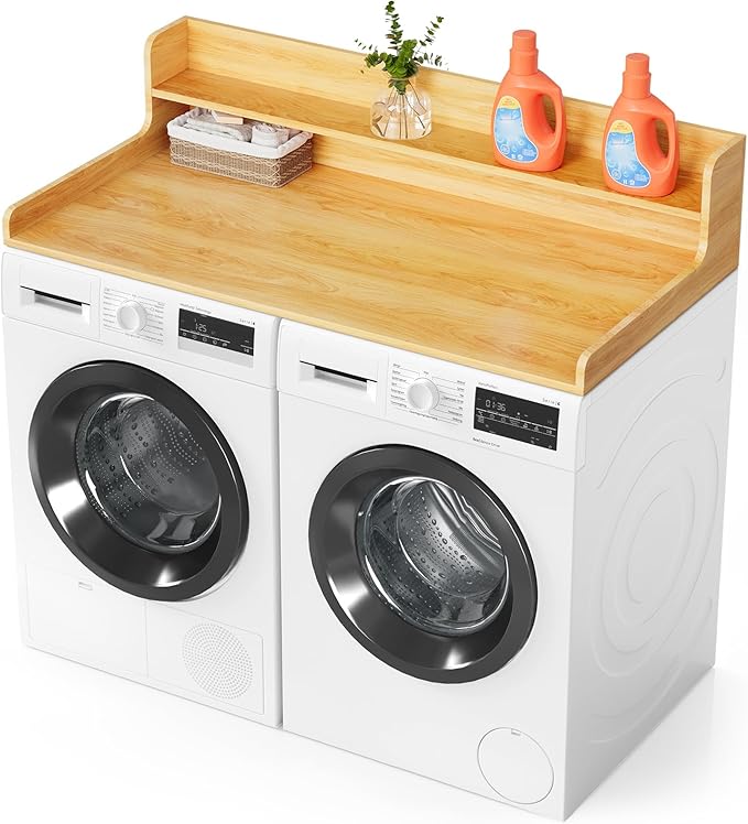 SpaceAid Washer Dryer Countertop with 2-Tier Shelf, Wood Topper with Edge, 54" Width x 27.5" Depth Cover Organizer Guard for Washer and Dryer Counter Laundry Hamper Storage (Maple Wood)