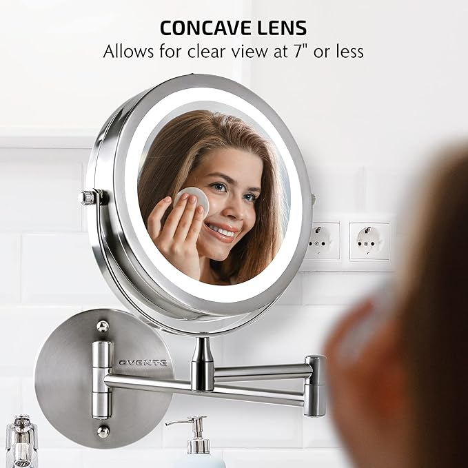 OVENTE Wall Mounted Lighted Makeup Mirror, 7" Double Sided 1X/7X Magnifying Vanity Mirror for Bathroom with LED Lights, Cordless, 360° Rotation and 13" Extendable Arm, Nickel Brushed MFW70BR1X7X