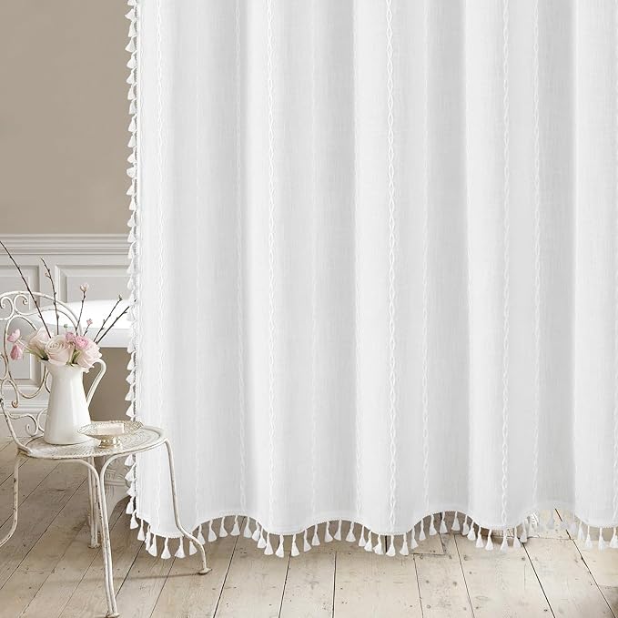 MitoVilla White Boho Farmhouse Small Stall Shower Curtain Set 36 x 72, Half Size Narrow Polyester Linen Fabric Shower Curtains for Farmhouse Bathroom Decor, White