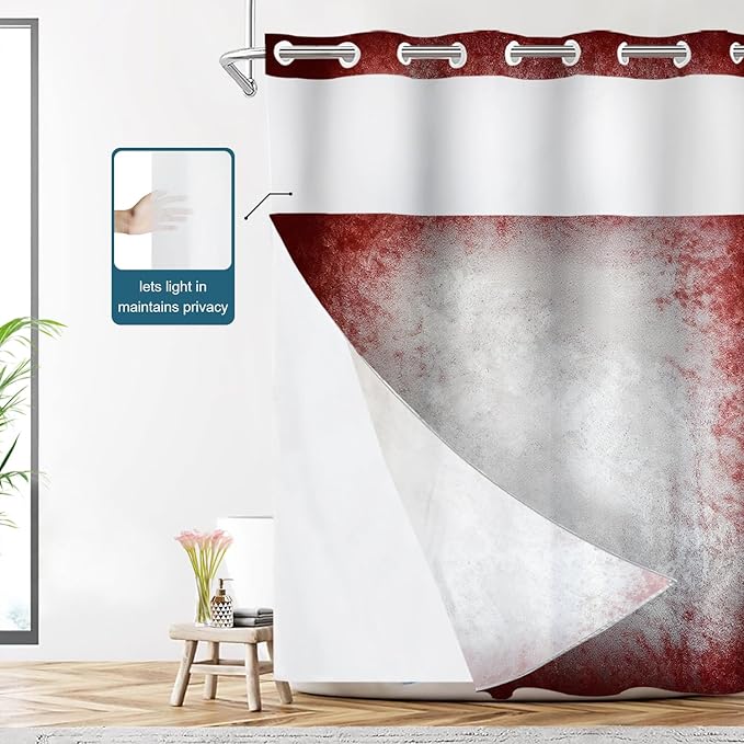 Shrahala Grey Abstract Tie Dye No Hooks Shower Curtain with Snap in Liner Set, Dark Red Modern Abstract Art Maroon Bathroom Décor Polyester Fiber Waterproof for Stall Bathtubs 71 X 86 in