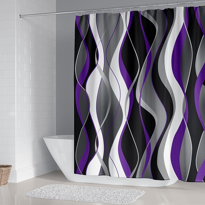 beifivcl 4Pcs Purple Shower Curtain Sets with Non-Slip Rugs, Toilet Lid Cover and Bath Mat, Black and Gray Bathroom Decor Set Accessories Fabric Waterproof Shower Curtains with 12 Hooks, 72 x 72 Inch