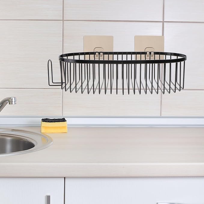 Punch-Free Iron Oval Bathroom Storage Rack, Wall-Mounted Hanging Basket with Drainage, Black Multifunctional Household Shelf for Bathroom and Kitchen Organization