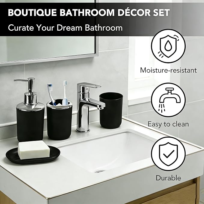 Matte Black Bathroom Accessories Set, 4 Piece Plastic Bathroom Toothbrush Holder Set, Include Soap Dispenser, Toothbrush Holder, Rinse Cup, Soap Dish, Boho Black Bathroom Decor for Home, Bathroom Set