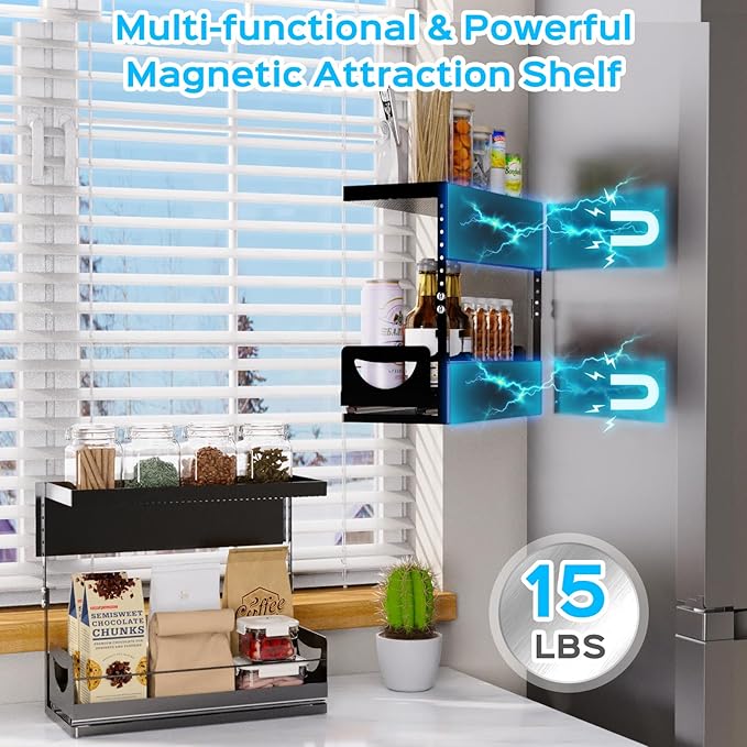Heavy-Duty Magnetic Shelf With Pull-Out Drawers for Washing Machines, Dryers and Fridge; Height-adjustable Magnetic Shelf, Ideal for Storage in Laundry Rooms, Kitchens, and Living Rooms (Black)