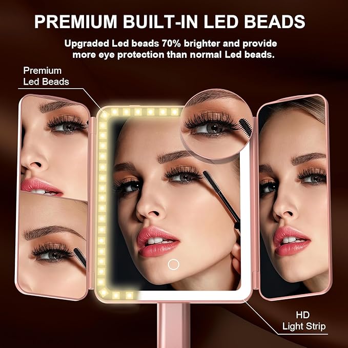 Mocado Makeup Mirror with Lights, 20X/7X/3X Magnifying Mirror with Light, Rechargeable & Height Adjustable Lighted Makeup Mirror, Vanity Mirror with 3 Colors Lights, Detachable Design(Rose Gold)
