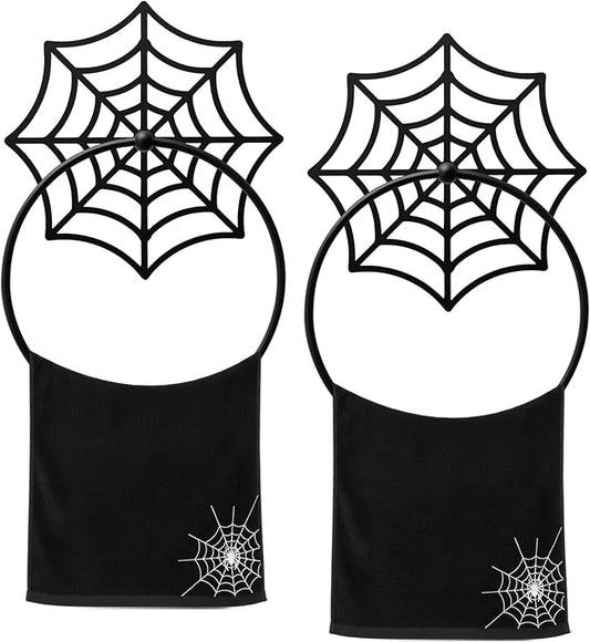 2Pcs Gothic Cobweb Metal Towel Rings Halloween Cobweb Towel Holder Oil Rubbed Bath Towels Ring Black Art Hand Towels Rack for Bathroom Kitchen Hanger Home Decors Gifts