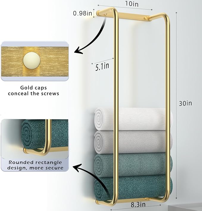 Towel Rack for Bathroom Wall Mounted, Bathroom Towel Storage, Rolled Bath Towel Holder, Small Space Bathroom Towel Storage, Bathroom Organizer - Brushed Gold