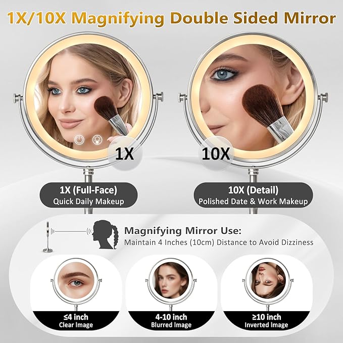 Vanity Mirror with Lights,4000mAh Rechargeable Double Sided Magnifying Mirror with 3 Colors Adjustable,1x/10x Lighted Makeup Mirror,360°Rotation Touch Screen with Memory Function,Nickel