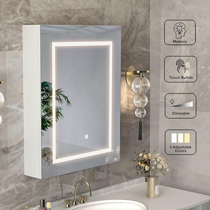 Bathroom Medicine Cabinet with Mirror, Led Light, Storage - Brightness Adjustable, 27.5 x 19.6 Inch