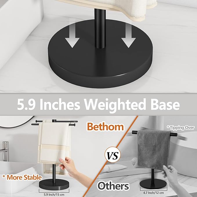 Hand Towel Stand, Stainless Steel Towel Holder for Bathroom Countertop, 15.2 Inch S-Shape Weighted Base Standing Hand Towel Rack Bar Holds 2 Towels for Kitchen Vanity, Black
