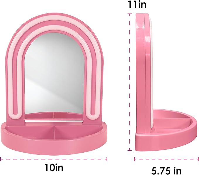 LED Vanity Mirror with Tray, for Desk, Dressing Table, Light Up Mirror for Makeup, Dorm Desk Vanity Mirror with Lights, Pink