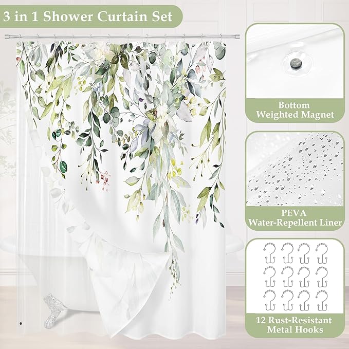 Gibelle 3 in 1 Shower Curtain Set, 72x72 Sage Green Eucalyptus Bath Curtain and PEVA Liner Set with 12 Metal Hooks, Waterproof Fabric Bathroom Curtain