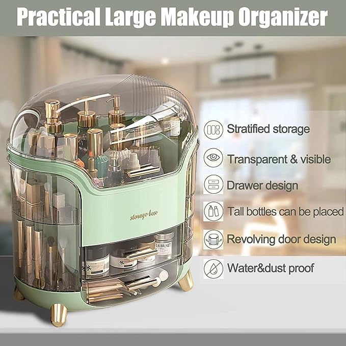 Portable Light Luxury Series Multi-Function Make Up Case Dustproof Cosmetic Storage Box,Cosmetics Skin Care Products Jewelry Organizer Case Lipstick Box - Green