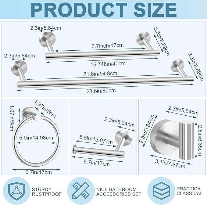Gisafai 20 Pcs Silver Bathroom Accessories Hardware Set Towel Racks for Bathroom SUS304 Stainless Steel 23.6 Inch Brushed Towel Bar Ring Toilet Paper Holder Robe Hooks for Wall Mounted