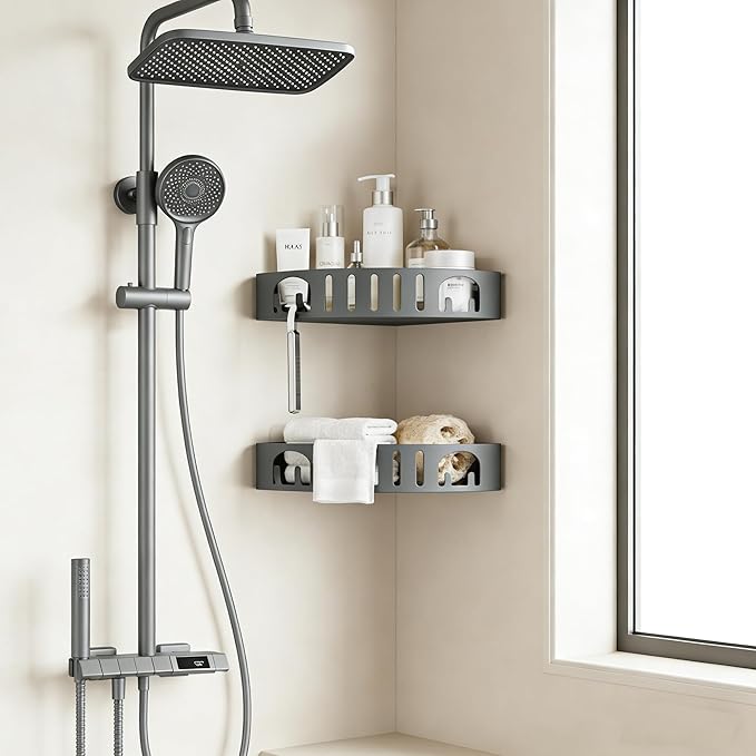 Adhesive Corner Shower Shelf No Drill | Rust-Proof Aluminum Alloy Stick On Bathroom Organizer with Shaving Holder for Shampoo, Conditioner, Soap, Razors Grey 2 Pack