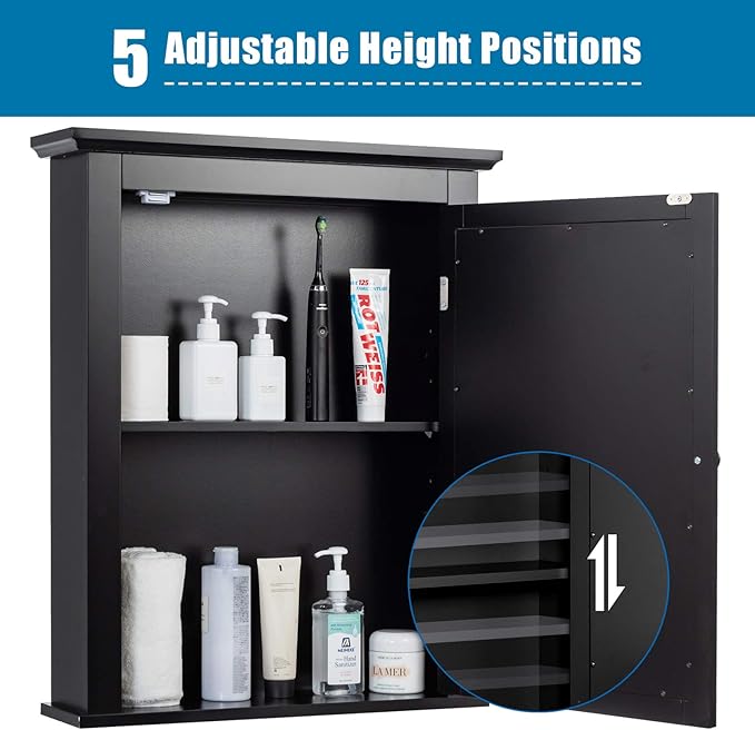 Tangkula Bathroom Cabinet with Mirror, Mirrored Wall-Mounted Storage Medicine Cabinet w/Single Door & Adjustable Shelf in 5 Positions, Multipurpose Wall Cabinet for Bathroom (Black)
