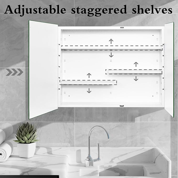 Fundin White Medicine Cabinet Recessed or Surface Mount, Bathroom Medicine Cabinet with 30 x 24 Beveled Edge Mirror Size and Adjustable Staggered Shelves