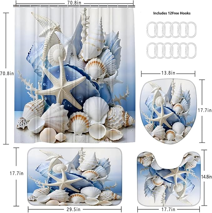 Chrainy 4Pcs Beach Conch Shower Curtain Sets Sea Shell Bathroom Set Decor with Non-Slip Rugs Bath U-Shaped Mat Toilet Lid Cover Waterproof Starfish Bathroom Curtain Shower Set with 12 Hooks