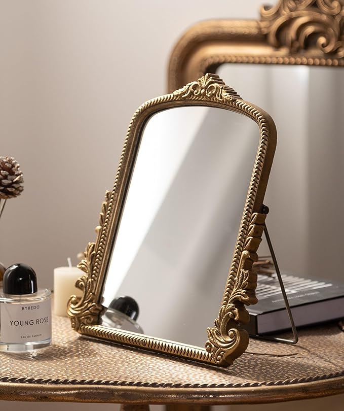 TenFuju Small Gold Vintage Vanity Mirror, Antique Gold Wooden Framed Standing Tabletop Mirror, Traditional Chic Arch Makeup Mirror for Living Room, Bedroom, Bathroom, or Office Decor, 11.8" x 9.6"
