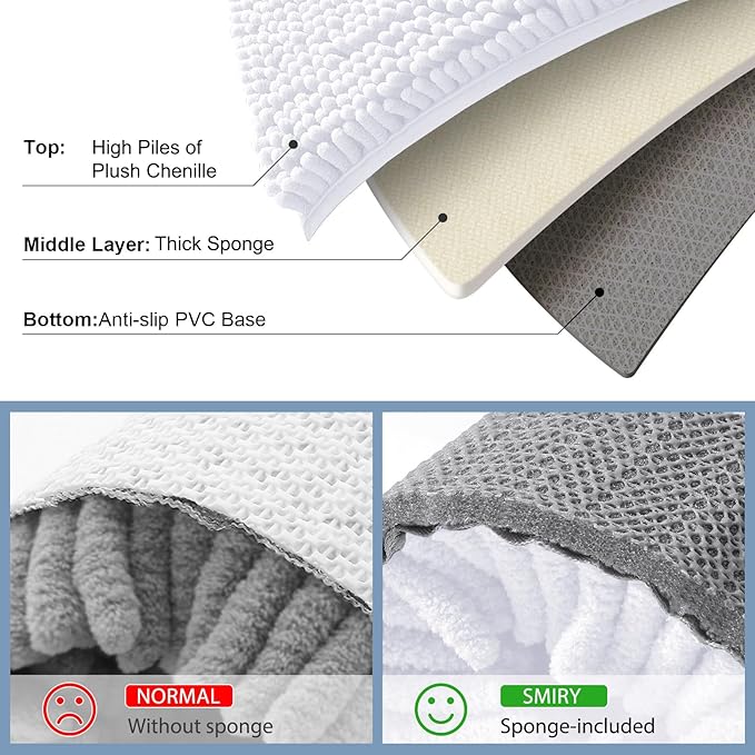 Smiry Luxury Chenille Bathroom Rugs 70x24, Extra Soft and Absorbent Shaggy Bath Mat, Machine Washable, Non-Slip Plush Carpet Runner for Tub, Shower, and Floor, Home Decor Accessories, White