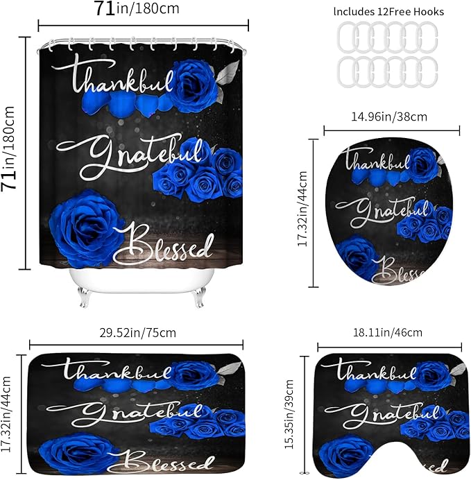 Onalasyc 4Pcs Blue Rose Shower Curtain Set with Rugs Waterproof Bathroom Sets with Shower Curtain and Rugs Romantic Rose Floral, Thankful Grateful Blessed Bathroom Curtains Shower Set,with 12 Hooks