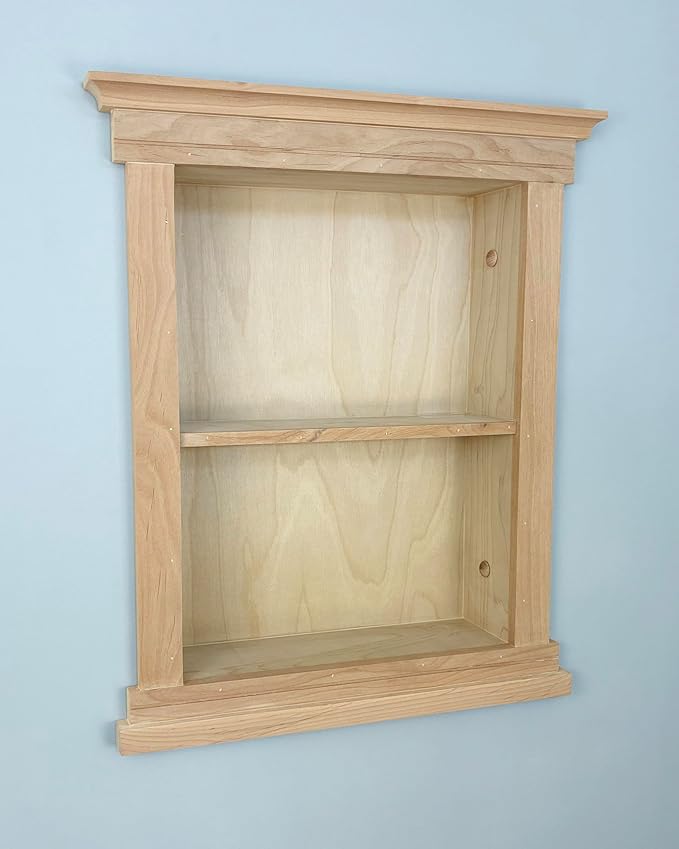 Fox Hollow Furnishings 14x18 Elliot Craftsman Recessed Wood Wall Niche, Open Medicine Cabinet Replacement, in The Wall Bathroom Cabinet Insert Shelves, Made in North America, NO MDF, Plain, Unfinished