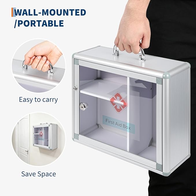 Garvee Medium Lockable Medicine Cabinet with Handle,Protable First Aid Cabinet Wall Mount with Sticker for Bathroom,13.78"×5.51"×11.81",Sliver