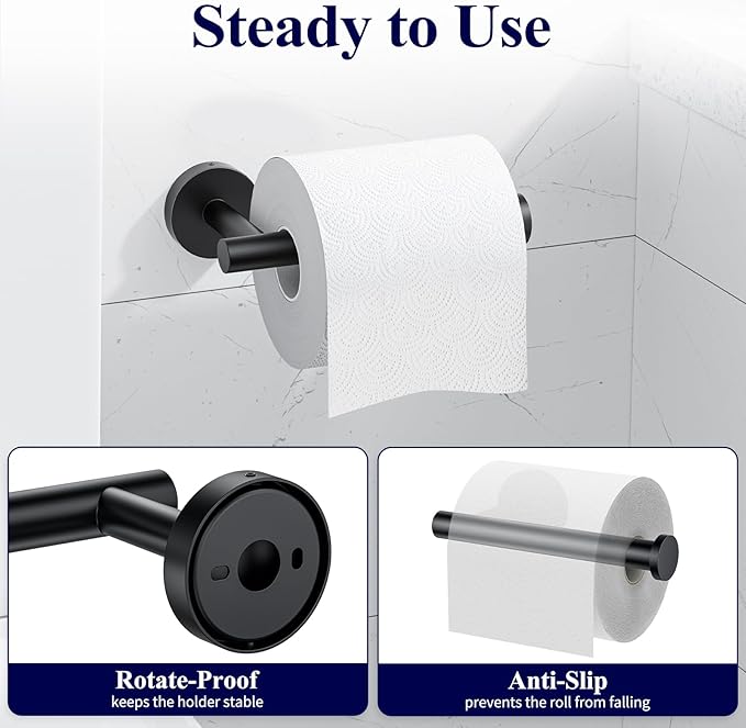 Kitsure Toilet Paper Holder Wall Mount - Sturdy Round Matte Black Toilet Paper Holder for Mega Roll, Premium 304 Stainless Steel Toilet Paper Roll Holder for Bathroom, Washroom, Black