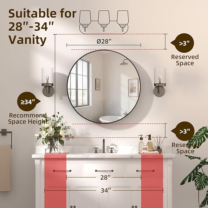 28 x 28 Inch Round Medicine Cabinet with Mirror,Black Circular Bathroom Cabinet Wall Mounted,Metal Framed Mirror Medicine Cabinet with Adjustable Shelves for Bathroom Vanity