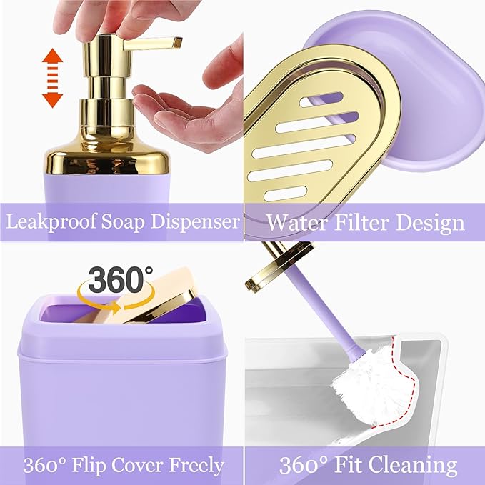 XLHOMO Bathroom Set - Purple Bathroom Sets with Shower Curtain and Rugs, 24PCS Shower Curtain Set with Hooks, Soap Dispenser, Soap Dish, Toilet Brush Holder and Trash Can for Housewarming