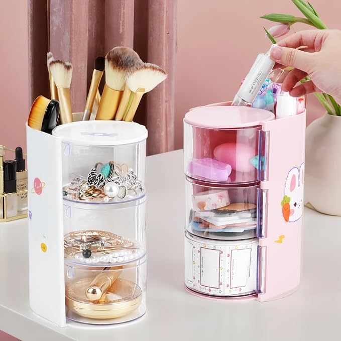3-Tier Clear Hair Accessories Organizer with Makeup Brush Holder, Rotatable Jewelry Storage Box with Cute Stickers for Bows & Clips, Desktop Organizer Case for Bathroom Vanity Countertop（Pink）