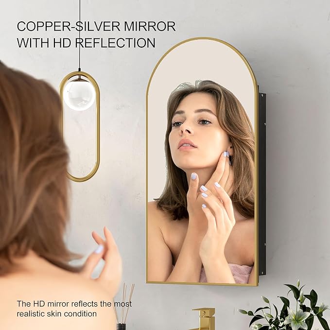 Recessed Medicine Cabinet,Brushed Brass Gold Arched Medicine Cabinet with Mirror for Bathroom,Metal Edge Mirrored Medicine Cabinets,in Wall Arch Medicine Cabinets Mirror with Storage 16x31