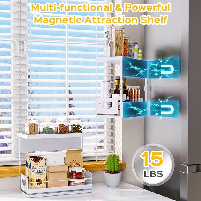 Heavy-Duty Magnetic Shelf With Pull-Out Drawers for Washing Machines, Dryers and Fridge; Height-adjustable Magnetic Shelf, Ideal for Storage in Laundry Rooms, Kitchens, and Living Rooms (White)