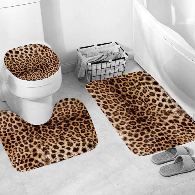 Onalasyc 4 Pcs Leopard Shower Curtain,Cheetah Print Bathroom Set Shower Curtain Sets with Rugs,Brown Animal Print Shower Curtain Bathroom Decor Sets,juego de ba??os de Set completo with 12 Pcs Hook