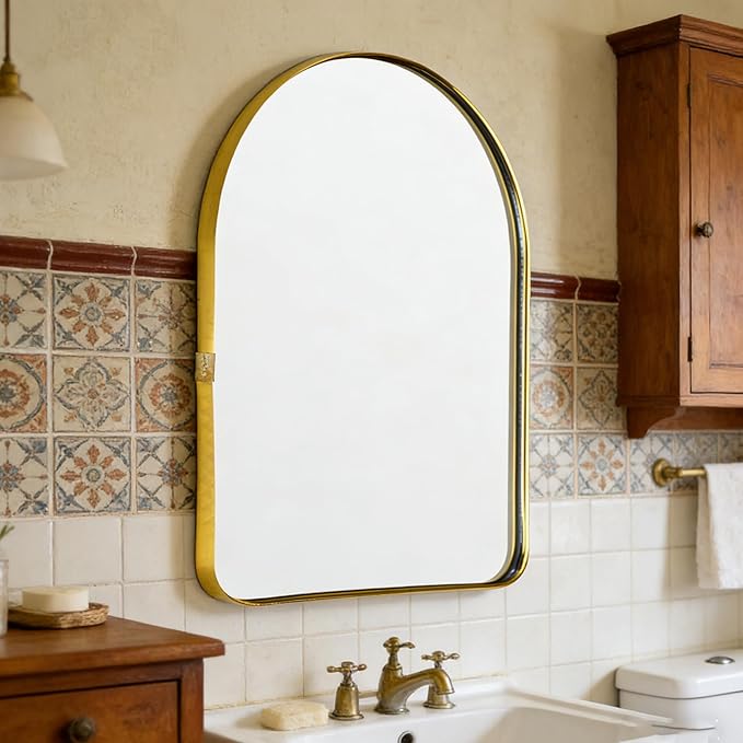 Funly mee Arched Wall Mirror, 15.8 x23.6 inches, Wall-Mounted Plastic Mirror, for Bathroom and Vanity (Gold)