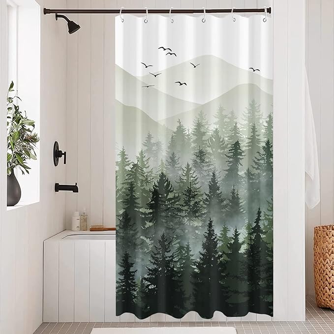 Accnicc Stall Small Sage Green White Misty Forest Shower Curtain Ombre Mountain Pine Tree Waterproof Fabric Shower Curtains for Bathroom Nature Woodland Decorative Bath Curtain Decor 36×72 Inches