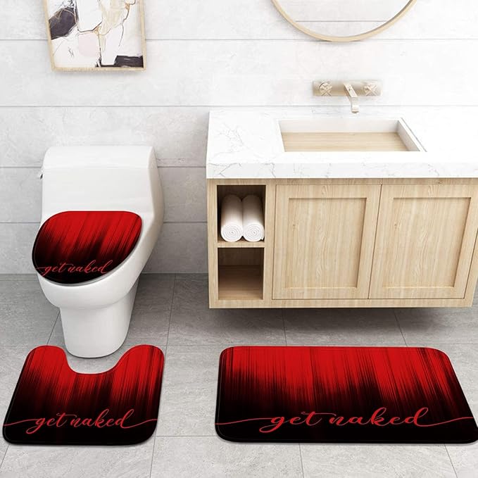 ArtSocket 4PC Red Black Ombre Get Naked Modern Simple Shower Curtain Sets Bathroom Decor with Rugs, Non-Slip Rug,Toilet Lid Cover, Bath Mat and 12 Hooks 72x72 inches