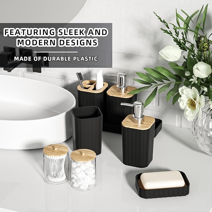 XLHOMO Bathroom Accessories Set - Elegant Black Bathroom Set, 10PC Bathroom Accessory Set, Toilet Brush, Trash Can, Qtip Holder Dispenser & Soap Dispenser