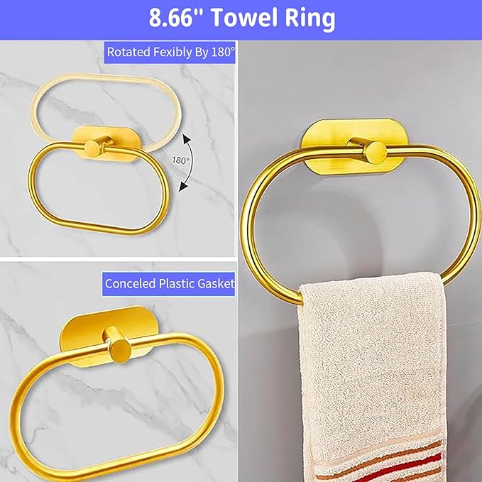 Bathroom Hardware Set, 16" Bathroom Towel Holder with Toilet Paper Holder, Towel Ring, Towel Hook, Bathroom Accessories for Kitchens, Laundry Rooms (5, Gold)