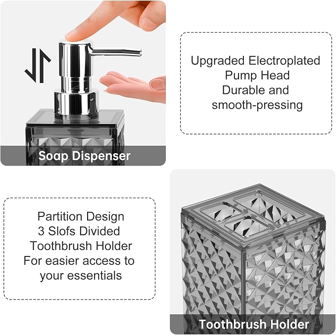 Bathroom Accessories Set 2 PCS, Grey Bathroom Accessories Include Soap Dispenser and Toothbrush Holder, Diamond Pattern Bathroom Set for Boho Bathroom Decor