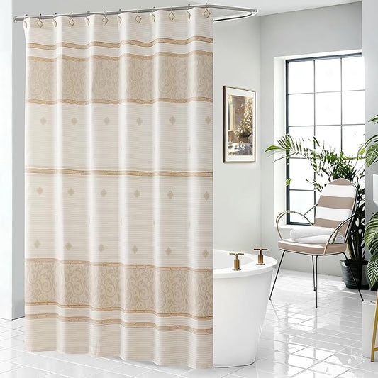 Fabric Shower Curtain, Waterproof for Bathroom with Beige Tan Stripe, 62" W x 72" H